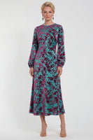 Load image into Gallery viewer, Dark Purple Floral A Line Round Neck Midi Mother of the Bride Dress with Sleeves