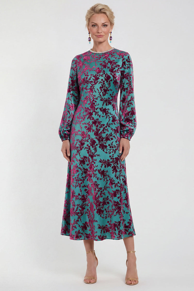 Load image into Gallery viewer, Dark Purple Floral A Line Round Neck Midi Mother of the Bride Dress with Sleeves