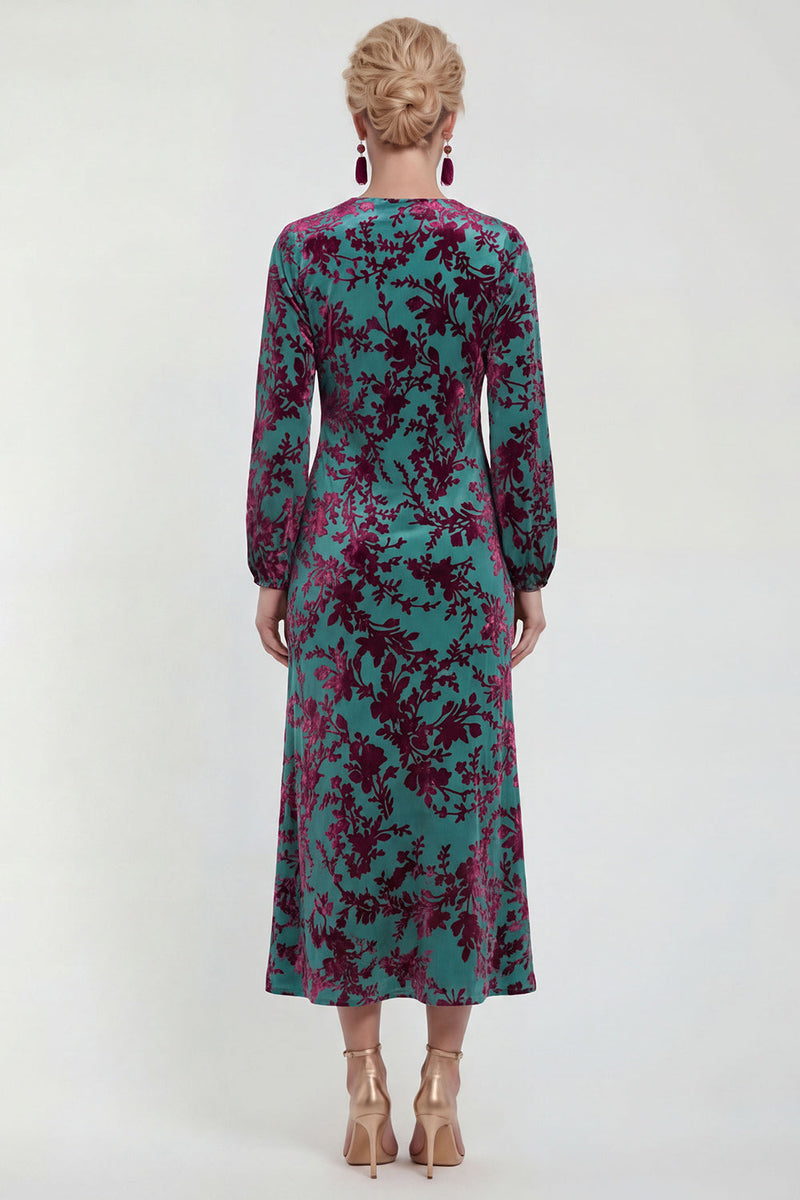 Load image into Gallery viewer, Dark Purple Floral A Line Round Neck Midi Mother of the Bride Dress with Sleeves
