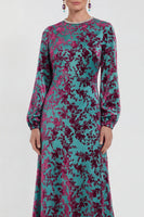 Load image into Gallery viewer, Dark Purple Floral A Line Round Neck Midi Mother of the Bride Dress with Sleeves
