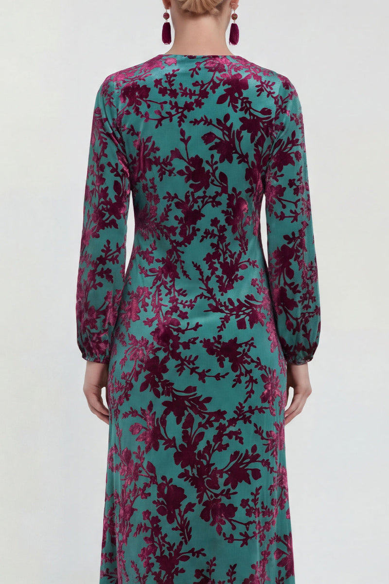 Load image into Gallery viewer, Dark Purple Floral A Line Round Neck Midi Mother of the Bride Dress with Sleeves