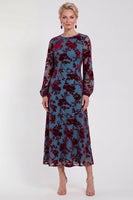 Load image into Gallery viewer, Dark Purple Floral A Line Round Neck Midi Mother of the Bride Dress with Sleeves