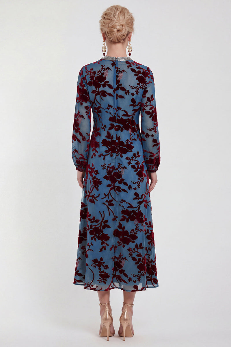 Load image into Gallery viewer, Dark Purple Floral A Line Round Neck Midi Mother of the Bride Dress with Sleeves