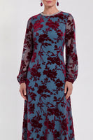 Load image into Gallery viewer, Dark Purple Floral A Line Round Neck Midi Mother of the Bride Dress with Sleeves