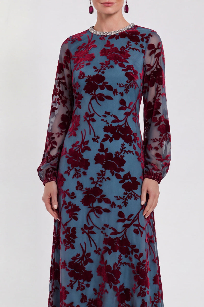 Load image into Gallery viewer, Dark Purple Floral A Line Round Neck Midi Mother of the Bride Dress with Sleeves