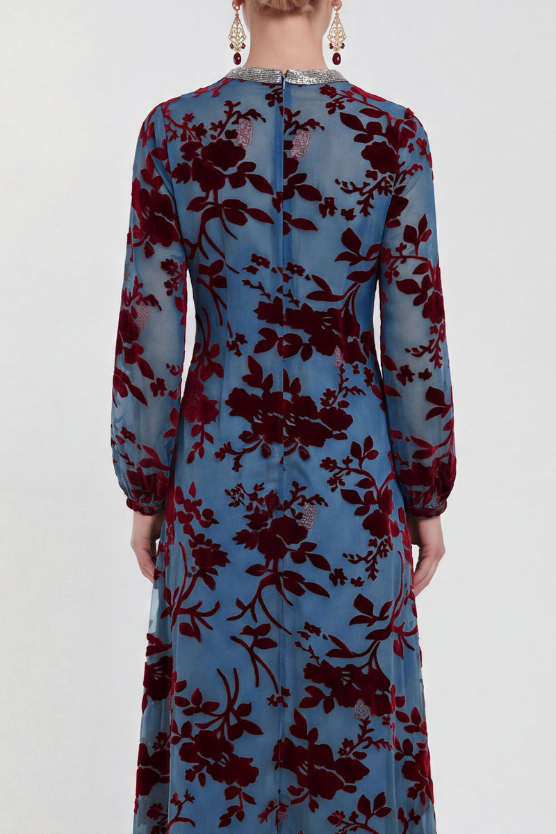 Load image into Gallery viewer, Dark Purple Floral A Line Round Neck Midi Mother of the Bride Dress with Sleeves
