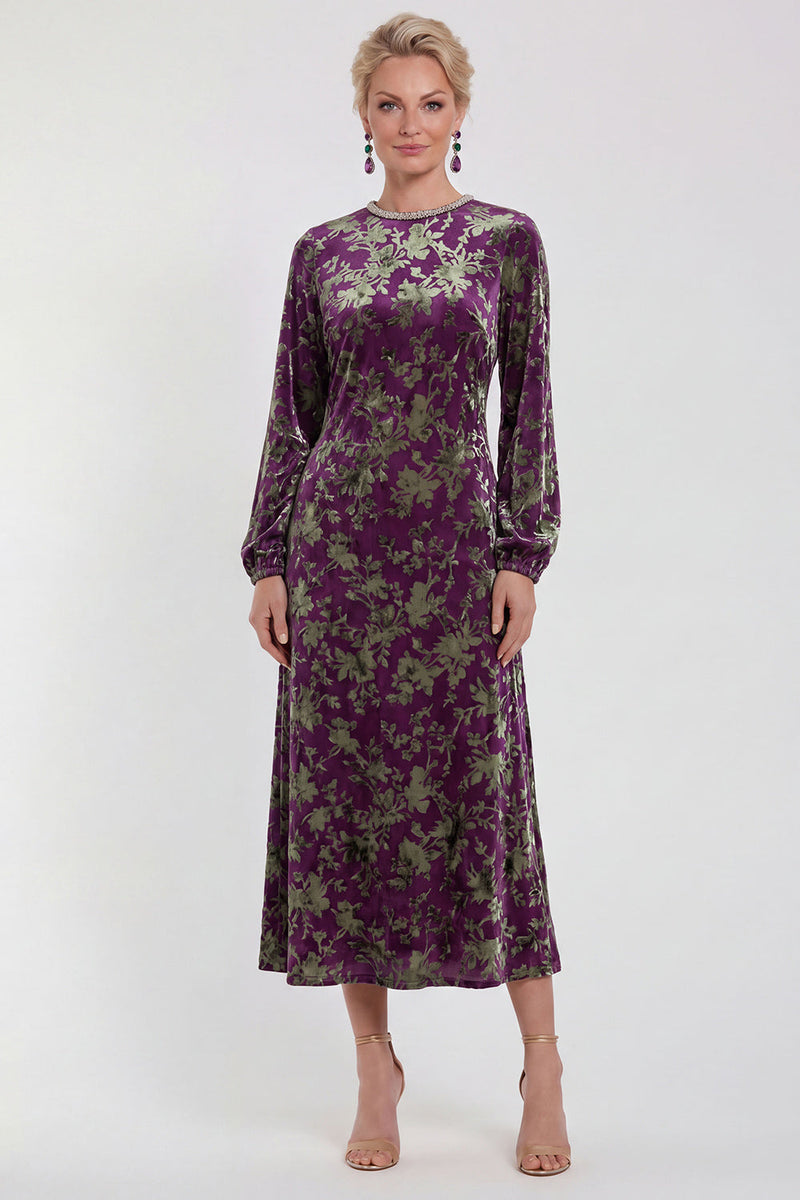 Load image into Gallery viewer, Dark Purple Floral A Line Round Neck Midi Mother of the Bride Dress with Sleeves