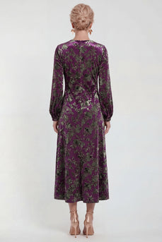 Dark Purple Floral A Line Round Neck Midi Mother of the Bride Dress with Sleeves