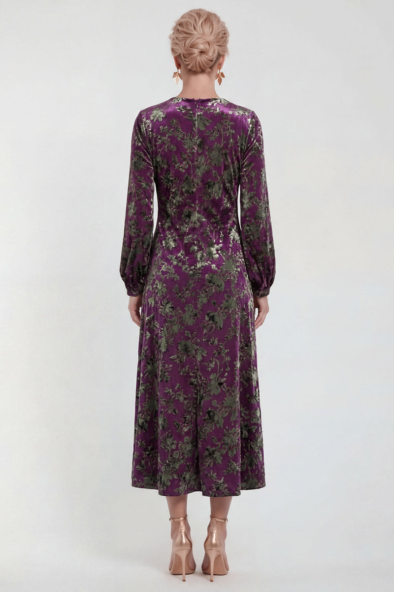 Load image into Gallery viewer, Dark Purple Floral A Line Round Neck Midi Mother of the Bride Dress with Sleeves