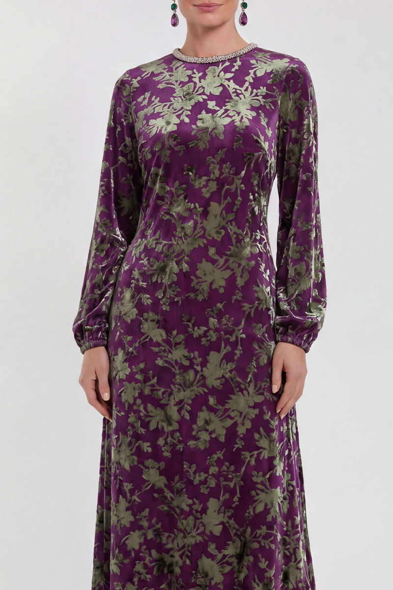 Load image into Gallery viewer, Dark Purple Floral A Line Round Neck Midi Mother of the Bride Dress with Sleeves
