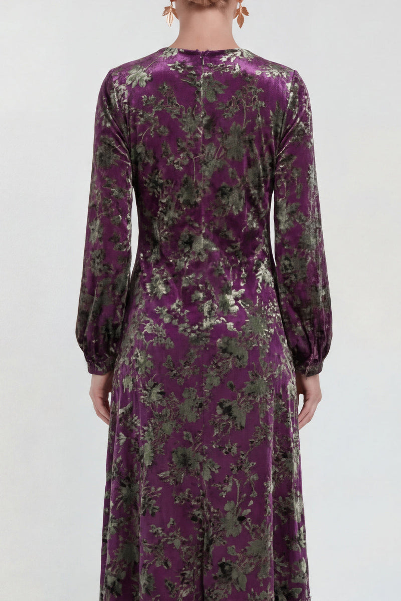 Load image into Gallery viewer, Dark Purple Floral A Line Round Neck Midi Mother of the Bride Dress with Sleeves