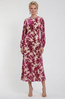 Load image into Gallery viewer, Dark Purple Floral A Line Round Neck Midi Mother of the Bride Dress with Sleeves