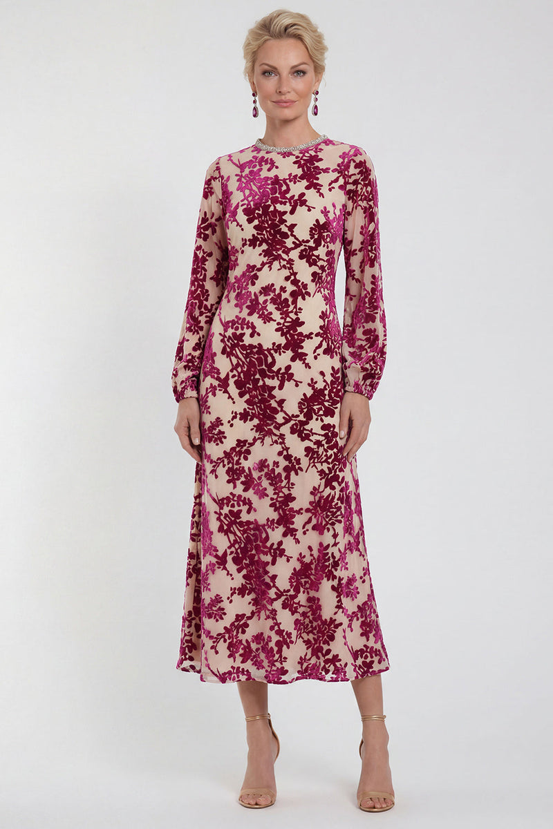Load image into Gallery viewer, Dark Purple Floral A Line Round Neck Midi Mother of the Bride Dress with Sleeves