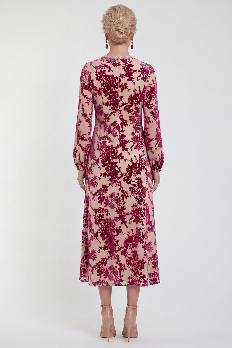Load image into Gallery viewer, Dark Purple Floral A Line Round Neck Midi Mother of the Bride Dress with Sleeves