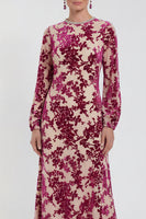 Load image into Gallery viewer, Dark Purple Floral A Line Round Neck Midi Mother of the Bride Dress with Sleeves