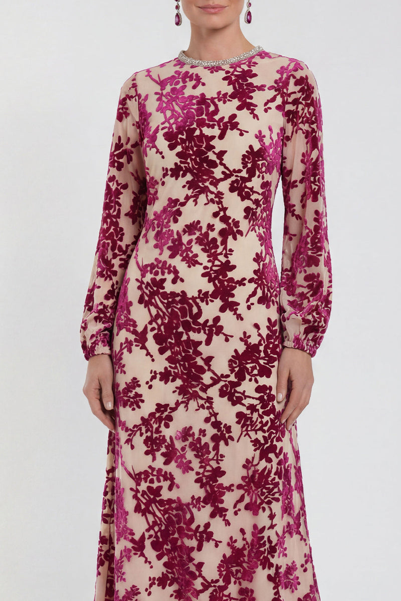 Load image into Gallery viewer, Dark Purple Floral A Line Round Neck Midi Mother of the Bride Dress with Sleeves