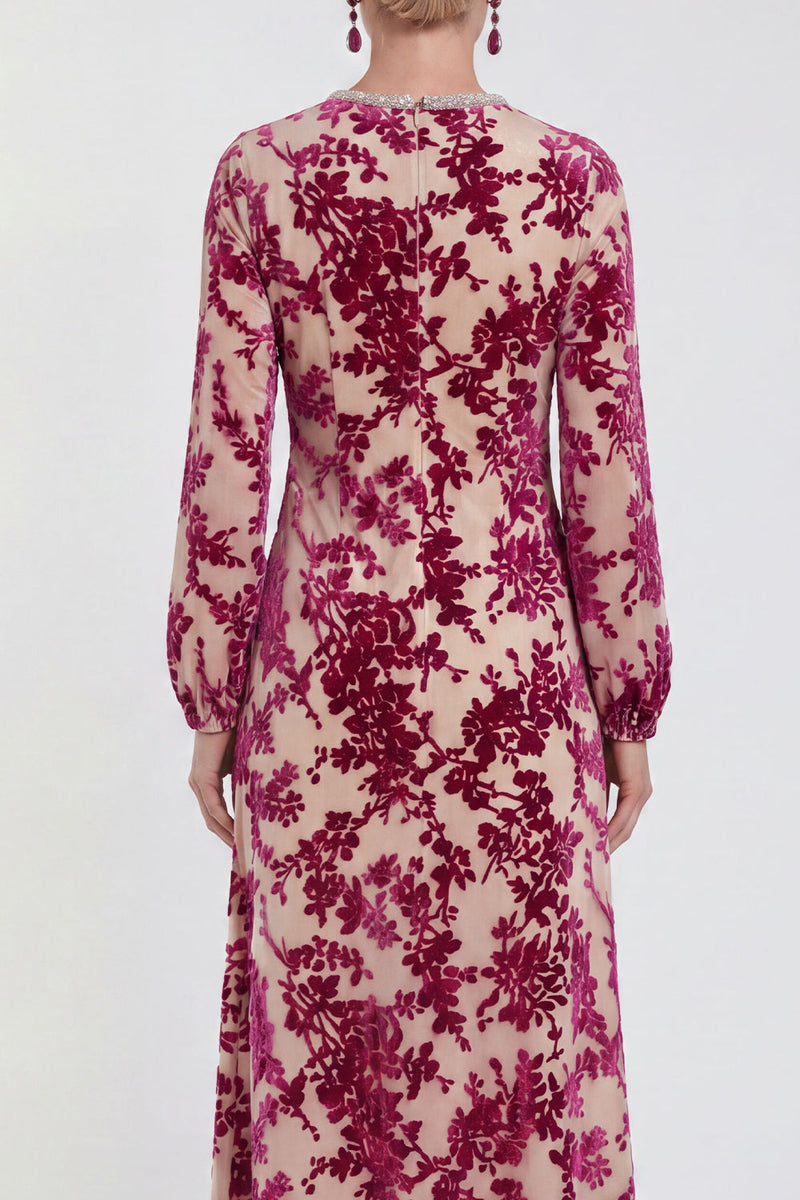 Load image into Gallery viewer, Dark Purple Floral A Line Round Neck Midi Mother of the Bride Dress with Sleeves