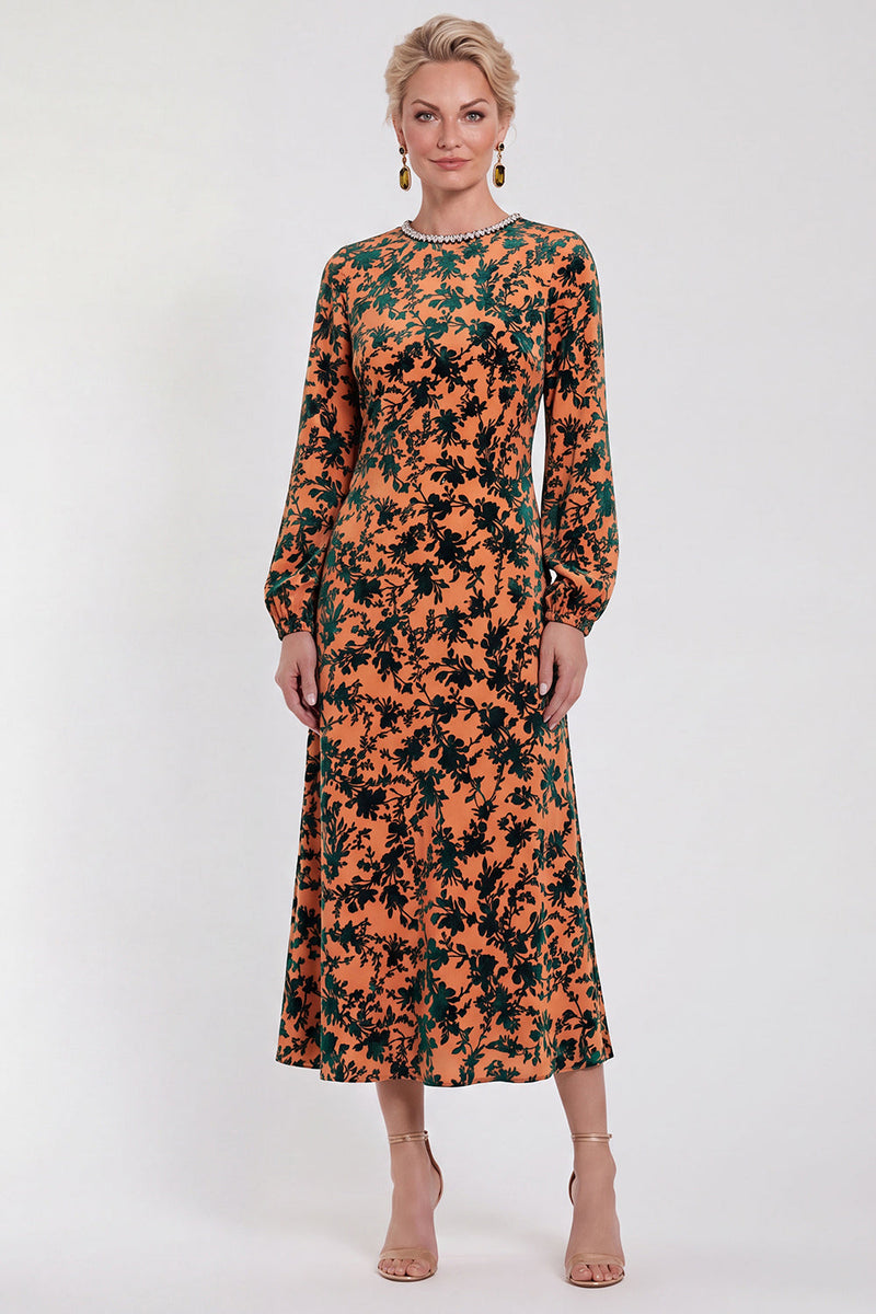 Load image into Gallery viewer, Dark Purple Floral A Line Round Neck Midi Mother of the Bride Dress with Sleeves