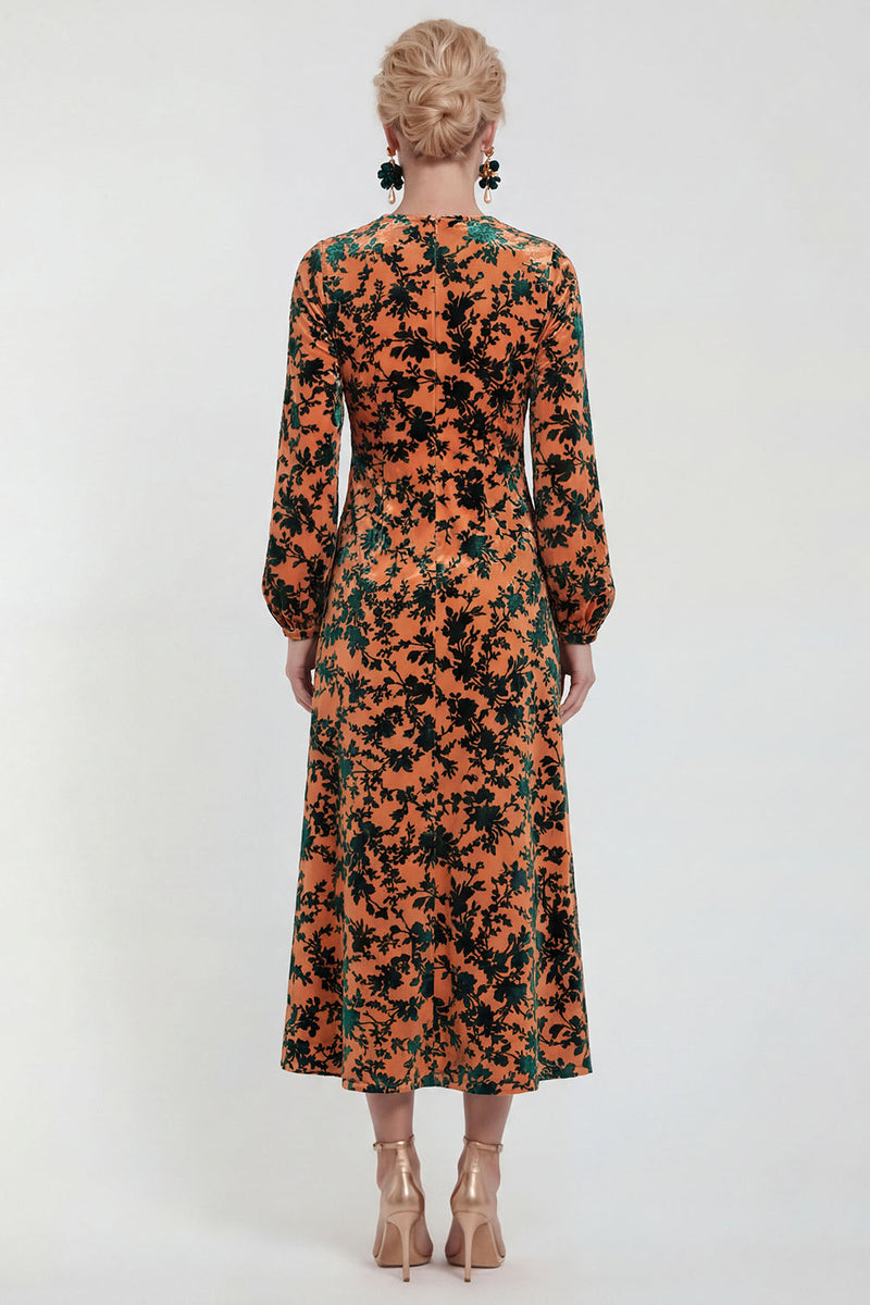 Load image into Gallery viewer, Dark Purple Floral A Line Round Neck Midi Mother of the Bride Dress with Sleeves