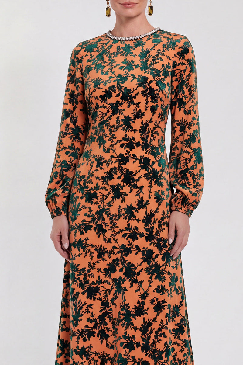 Load image into Gallery viewer, Dark Purple Floral A Line Round Neck Midi Mother of the Bride Dress with Sleeves