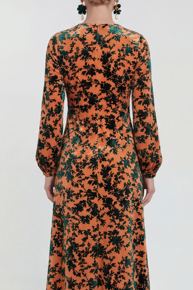 Load image into Gallery viewer, Dark Purple Floral A Line Round Neck Midi Mother of the Bride Dress with Sleeves