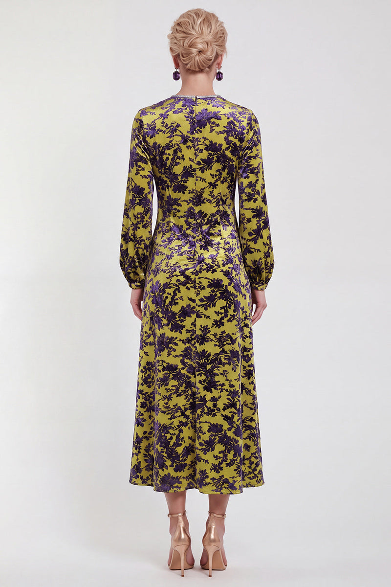 Load image into Gallery viewer, Dark Purple Floral A Line Round Neck Midi Mother of the Bride Dress with Sleeves