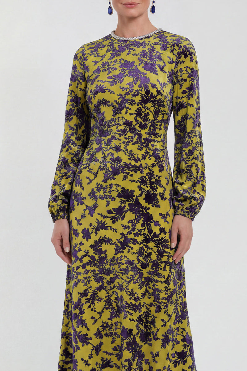 Load image into Gallery viewer, Dark Purple Floral A Line Round Neck Midi Mother of the Bride Dress with Sleeves