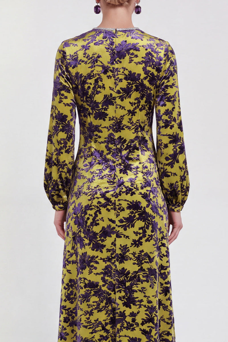 Load image into Gallery viewer, Dark Purple Floral A Line Round Neck Midi Mother of the Bride Dress with Sleeves