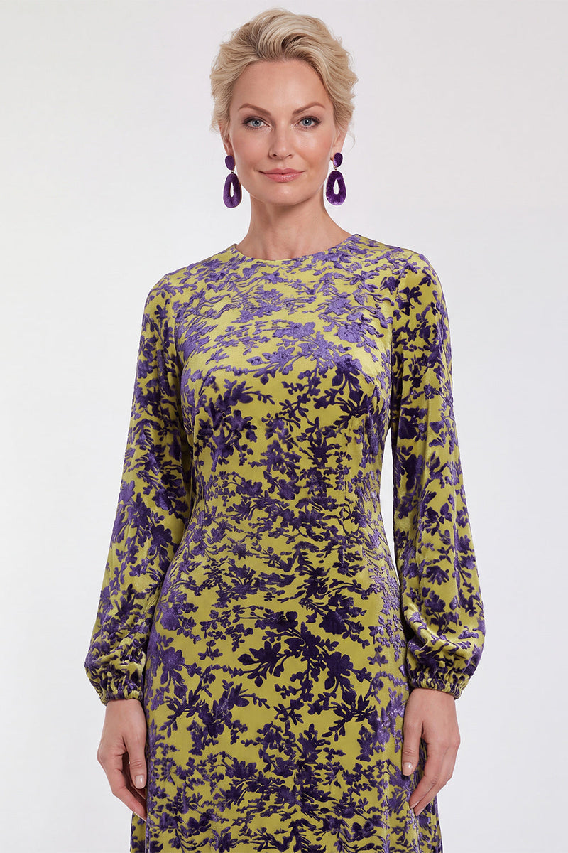 Load image into Gallery viewer, Dark Purple Floral A Line Round Neck Midi Mother of the Bride Dress with Sleeves