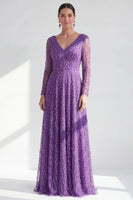 Load image into Gallery viewer, Fuchsia A Line Beaded Long Sleeves Mother Of the Bride Dress
