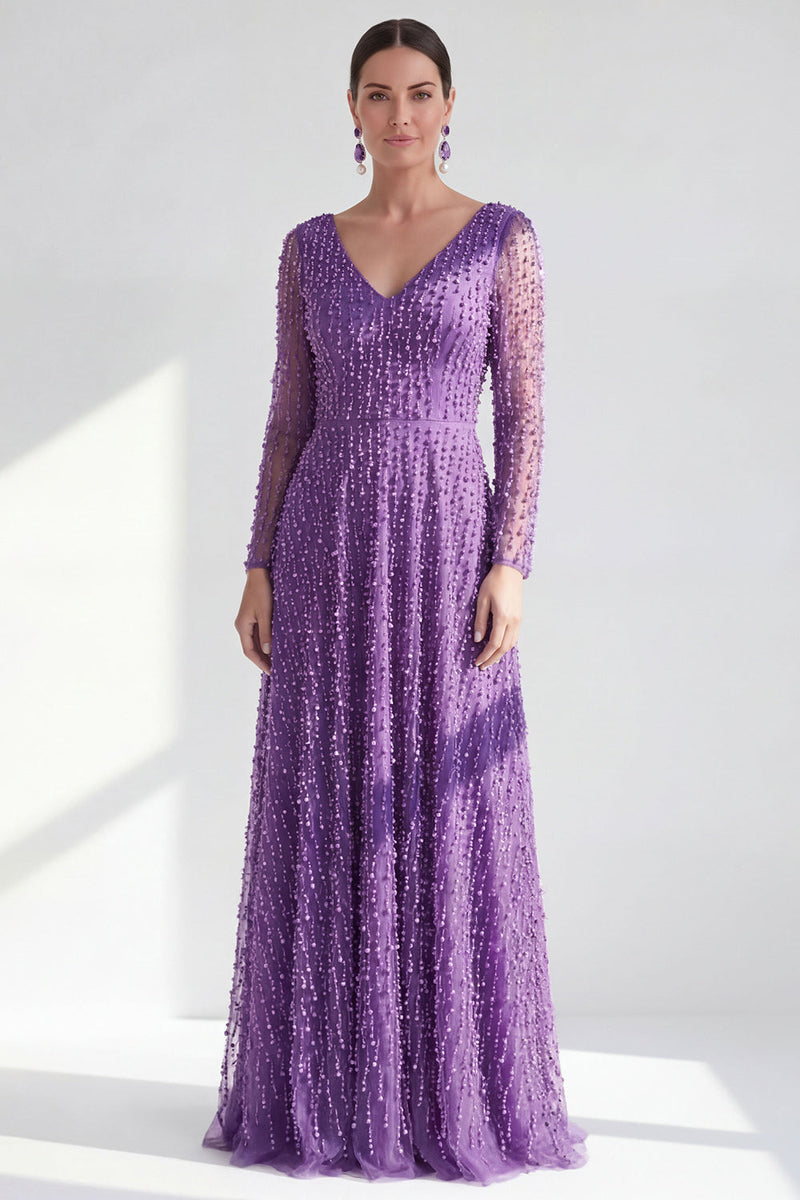 Load image into Gallery viewer, Fuchsia A Line Beaded Long Sleeves Mother Of the Bride Dress
