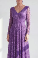 Load image into Gallery viewer, Fuchsia A Line Beaded Long Sleeves Mother Of the Bride Dress