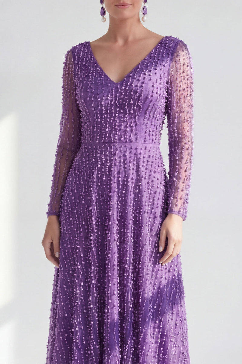 Load image into Gallery viewer, Fuchsia A Line Beaded Long Sleeves Mother Of the Bride Dress
