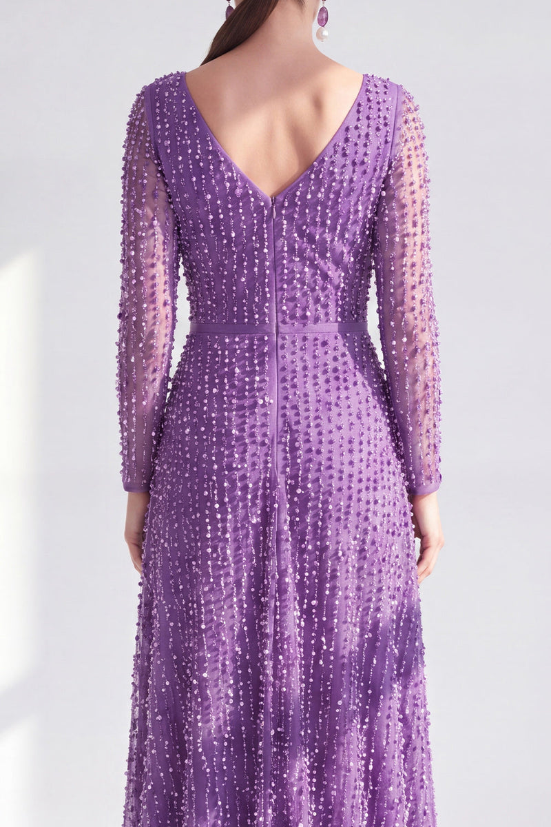 Load image into Gallery viewer, Fuchsia A Line Beaded Long Sleeves Mother Of the Bride Dress