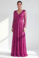 Load image into Gallery viewer, Fuchsia A Line Beaded Long Sleeves Mother Of the Bride Dress