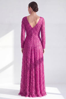 Fuchsia A Line Beaded Long Sleeves Mother Of the Bride Dress