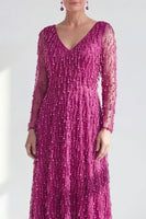 Load image into Gallery viewer, Fuchsia A Line Beaded Long Sleeves Mother Of the Bride Dress