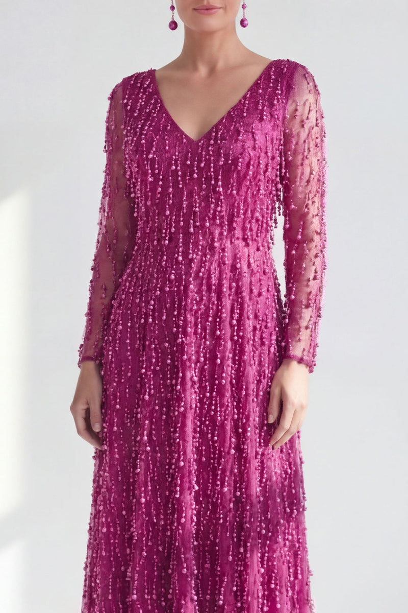 Load image into Gallery viewer, Fuchsia A Line Beaded Long Sleeves Mother Of the Bride Dress