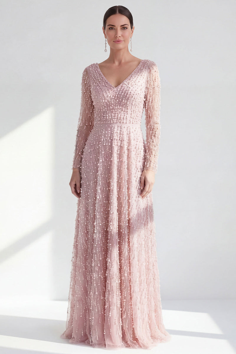 Load image into Gallery viewer, Fuchsia A Line Beaded Long Sleeves Mother Of the Bride Dress