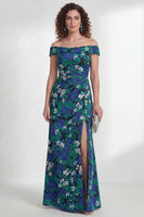 Load image into Gallery viewer, Green Ruched A Line Off the Shoulder Floral Long Mother of the Bride Dress with Slit