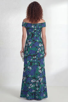 Green Ruched A Line Off the Shoulder Floral Long Mother of the Bride Dress with Slit