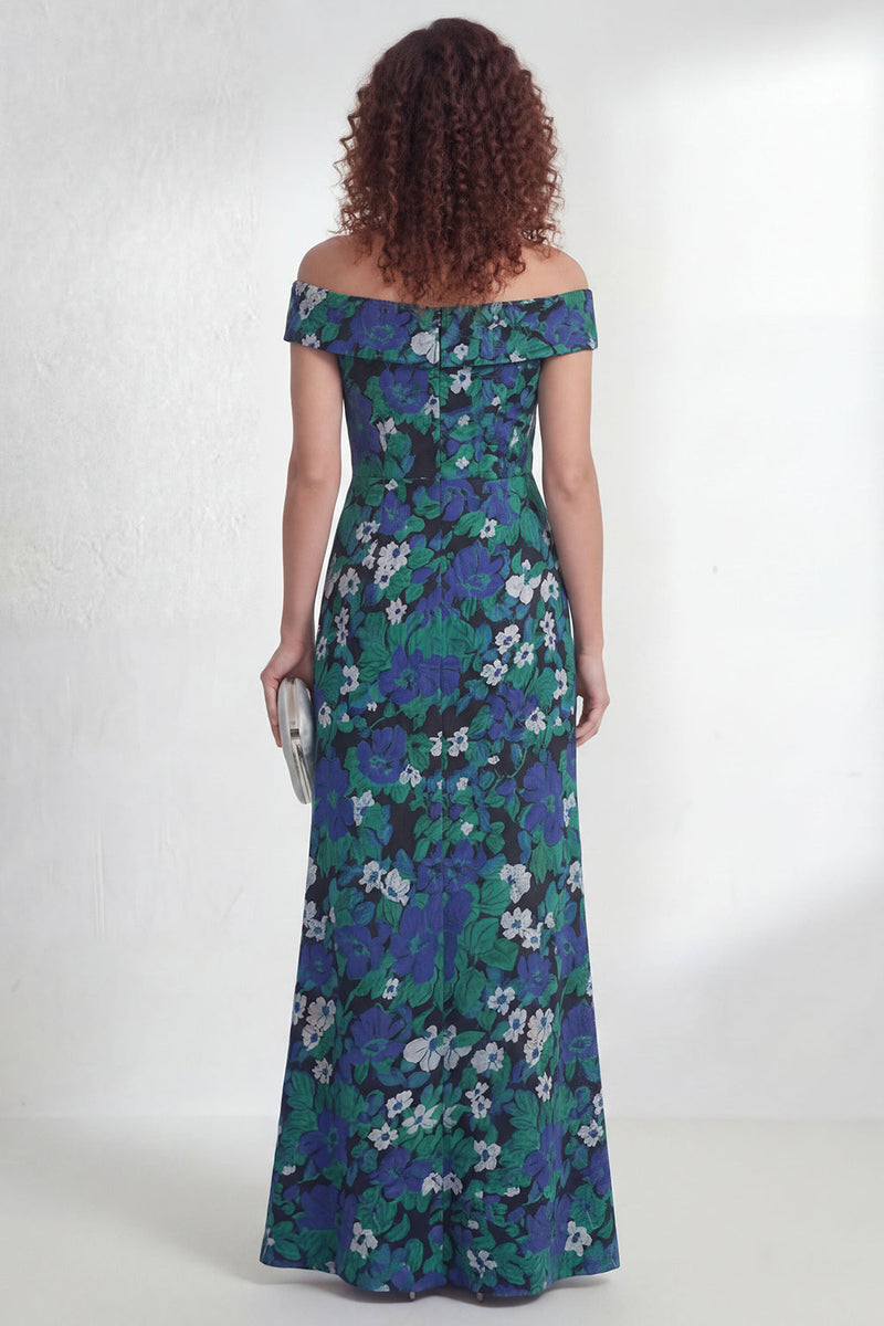 Load image into Gallery viewer, Green Ruched A Line Off the Shoulder Floral Long Mother of the Bride Dress with Slit