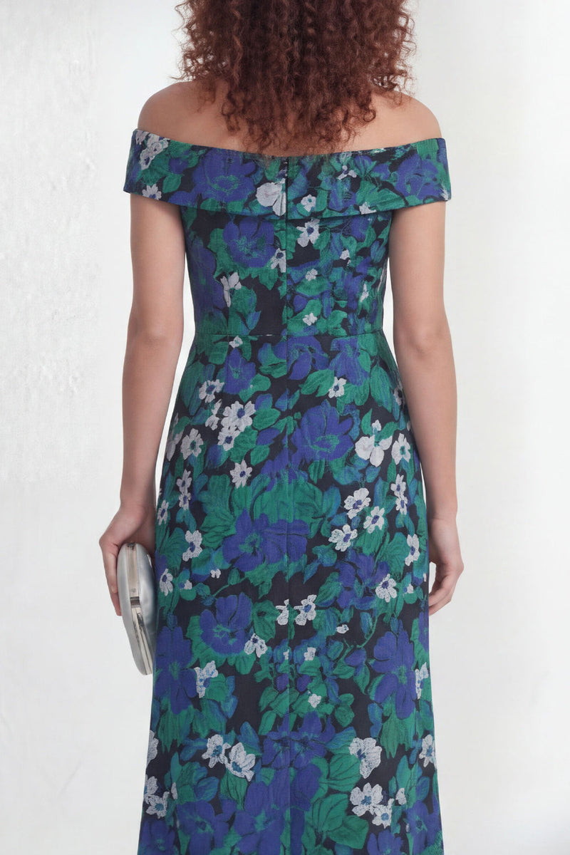Load image into Gallery viewer, Green Ruched A Line Off the Shoulder Floral Long Mother of the Bride Dress with Slit