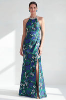 Load image into Gallery viewer, Green Flower Halter Mermaid Sparkly Long Mother of the Bride Dress with Slit