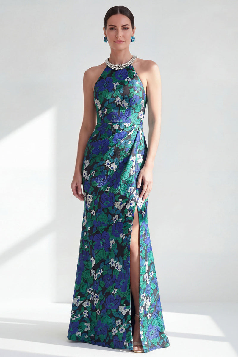 Load image into Gallery viewer, Green Flower Halter Mermaid Sparkly Long Mother of the Bride Dress with Slit