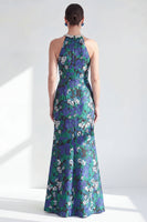 Load image into Gallery viewer, Green Flower Halter Mermaid Sparkly Long Mother of the Bride Dress with Slit