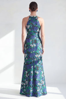 Green Flower Halter Mermaid Sparkly Long Mother of the Bride Dress with Slit