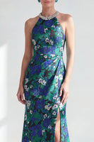 Load image into Gallery viewer, Green Flower Halter Mermaid Sparkly Long Mother of the Bride Dress with Slit