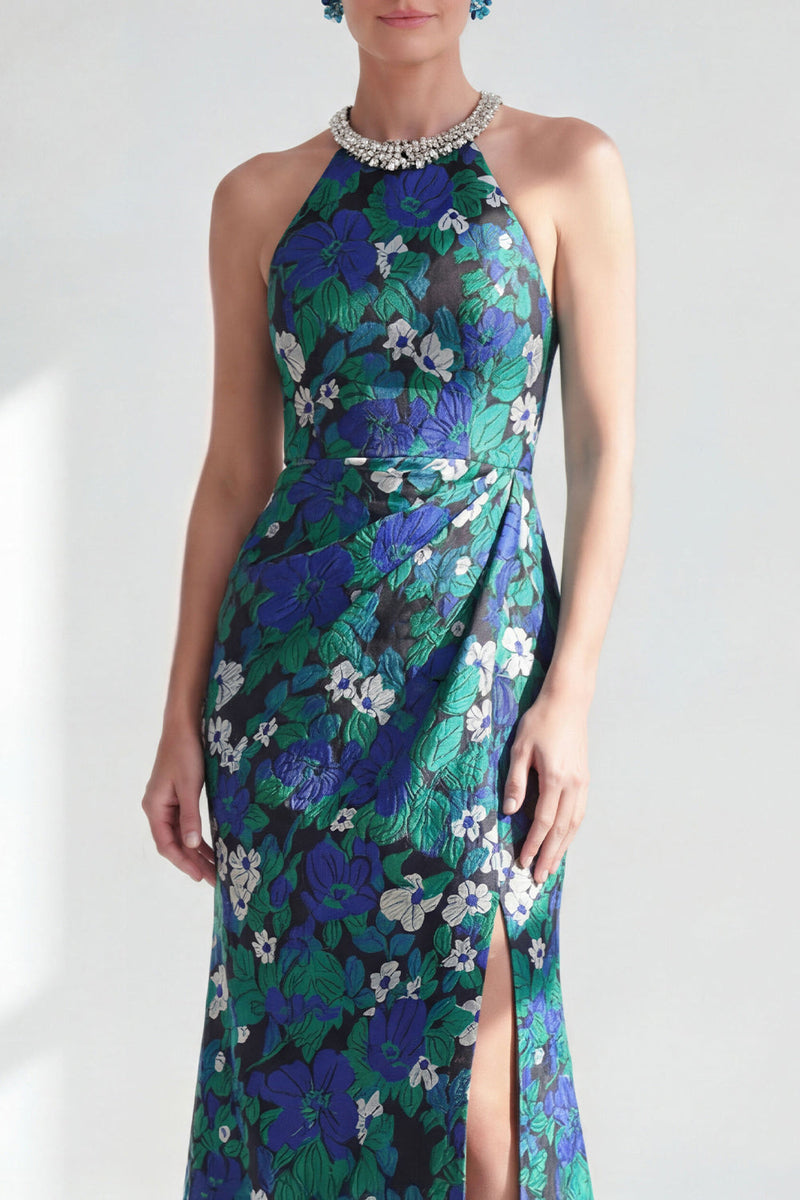 Load image into Gallery viewer, Green Flower Halter Mermaid Sparkly Long Mother of the Bride Dress with Slit