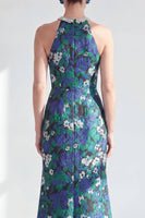 Load image into Gallery viewer, Green Flower Halter Mermaid Sparkly Long Mother of the Bride Dress with Slit
